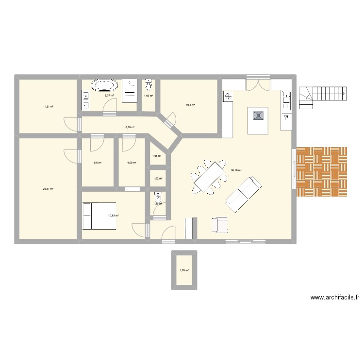 Brana 2. Plan de 14 pièces et 142 m2