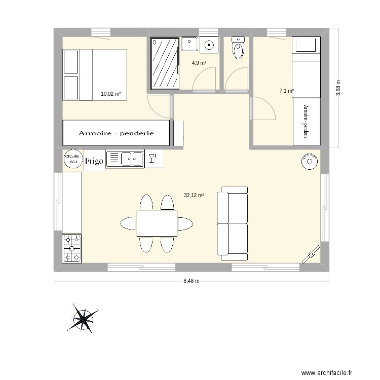 Vielle Saint Girons V2. Plan de 4 pièces et 54 m2