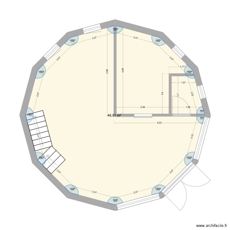 Yourte. Plan de 1 pièce et 47 m2