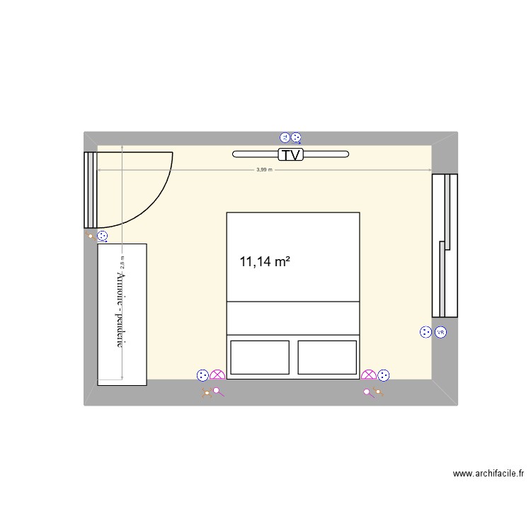 Chambre RDC. Plan de 1 pièce et 11 m2