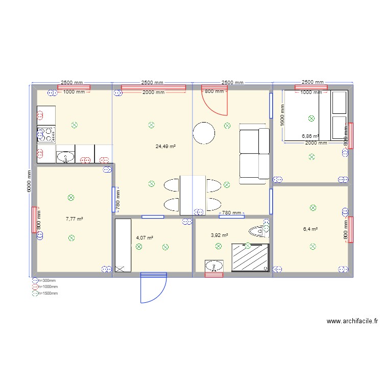 60 2.2 эл. Plan de 6 pièces et 53 m2