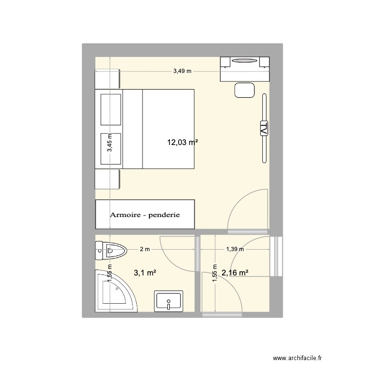 CHAMBRE. Plan de 3 pièces et 17 m2