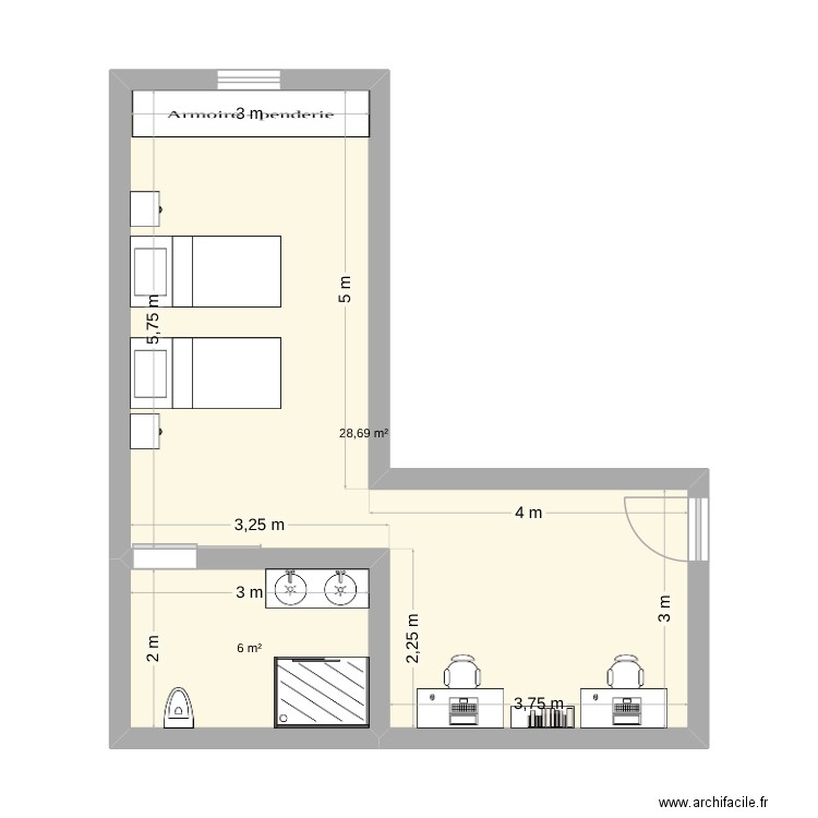 Plan 3. Plan de 2 pièces et 35 m2