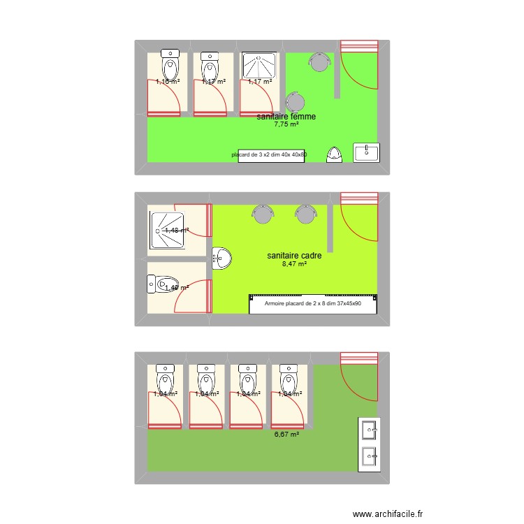 nouvelle proposition sanitaire femme. Plan de 12 pièces et 34 m2
