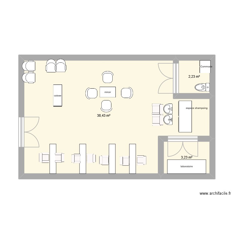 salon de coiff cfa. Plan de 3 pièces et 44 m2