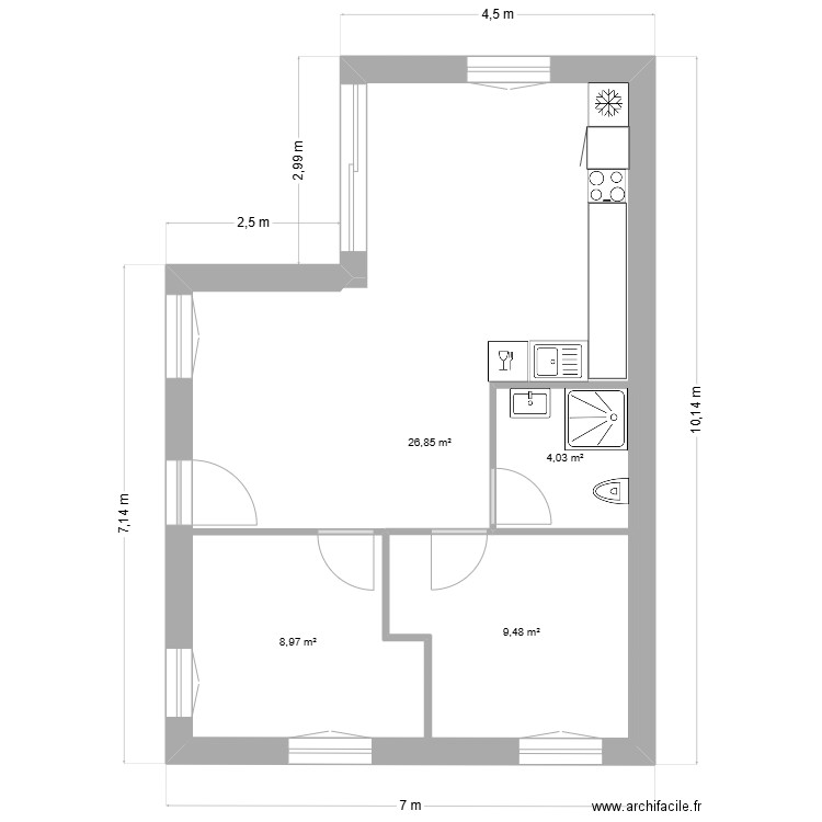 Existant. Plan de 4 pièces et 74 m2
