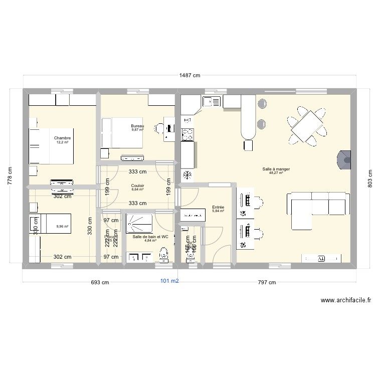 Pas cher. Plan de 9 pièces et 101 m2