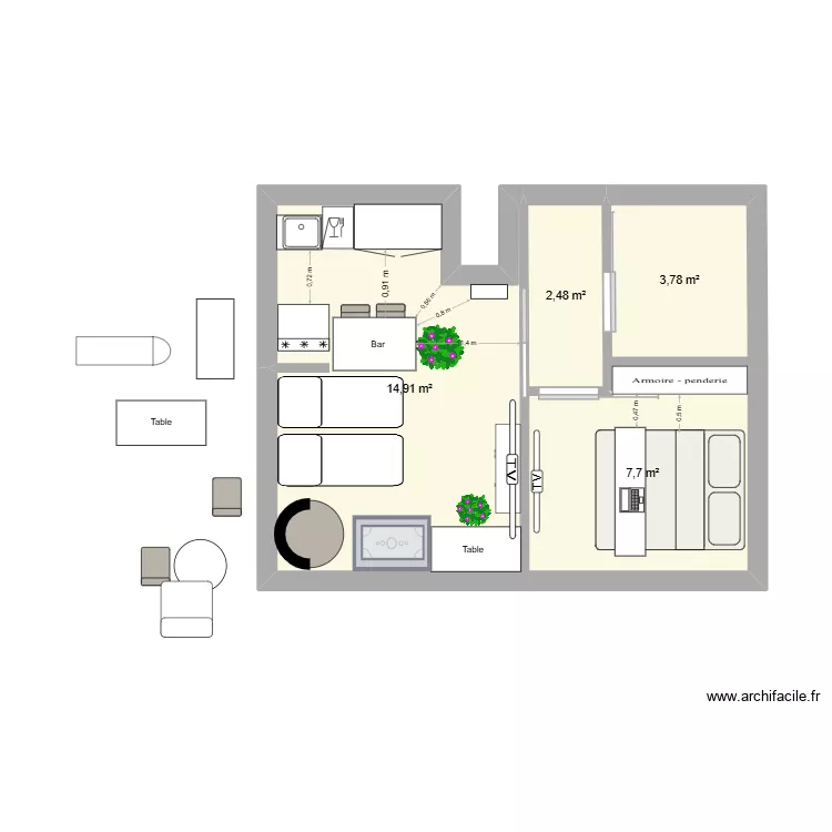 31m&sup2;. Plan de 4  et 29 m²