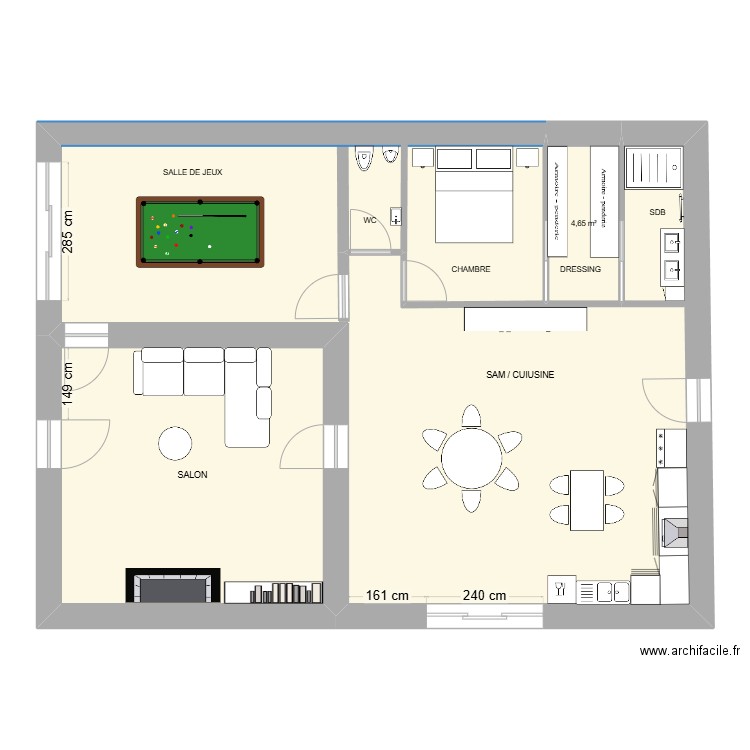 Projection 104 B . Plan de 3 pièces et 113 m2