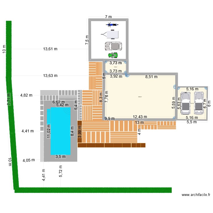 piscine. Plan de 3 pièces et 133 m2