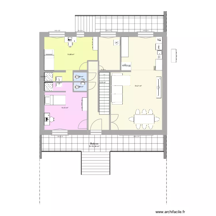 RDC 2 ch  2 Wc + 2 SDB + Cuisine salon. Plan de 7 pièces et 84 m²