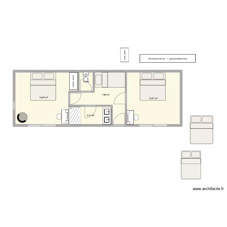 extension 4x12 2ch identiques + 1lit triple. Plan de 5 Pièces et 42 m²