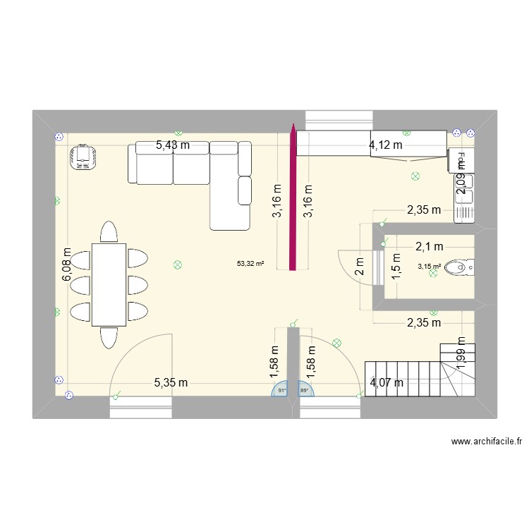 salle agape bas. Plan de 2 pièces et 56 m2