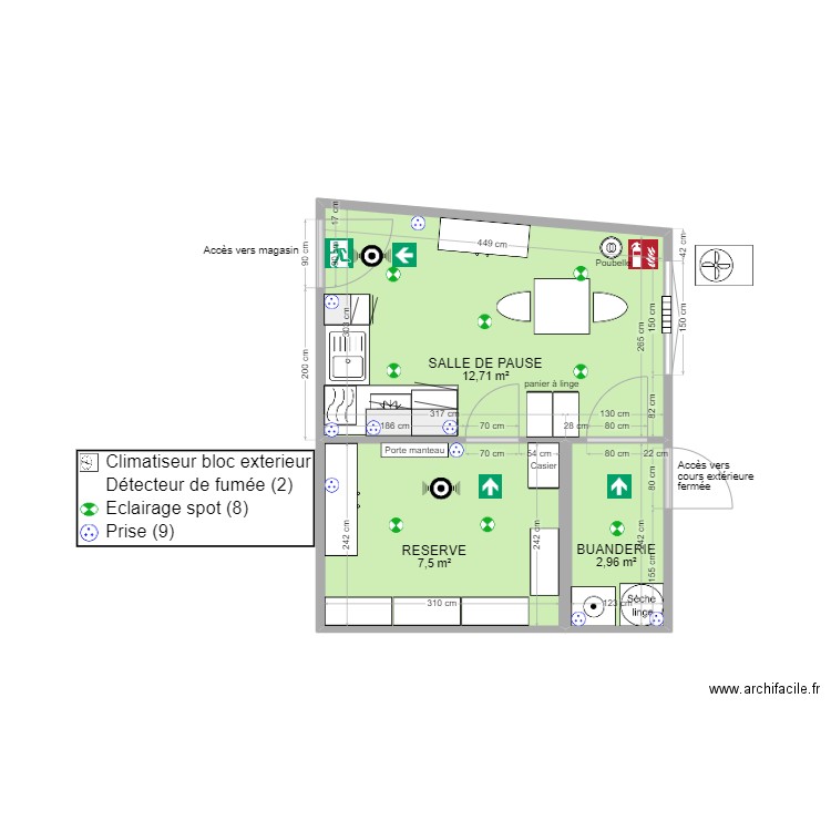 salle de pause et réserve. Plan de 3 pièces et 23 m2