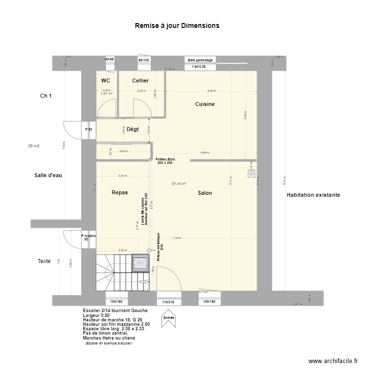 Remise à jour dimensions. Plan de 2 pièces et 69 m2