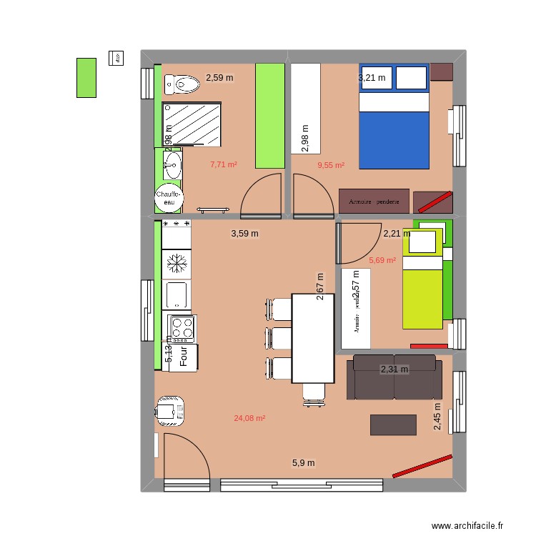 tout en long 2ch 47m2. Plan de 4 pièces et 47 m2