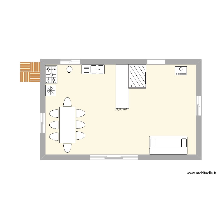 cuisine. Plan de 1 pièce et 34 m2