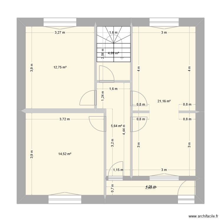 1er étage actuel. Plan de 6 pièces et 61 m2