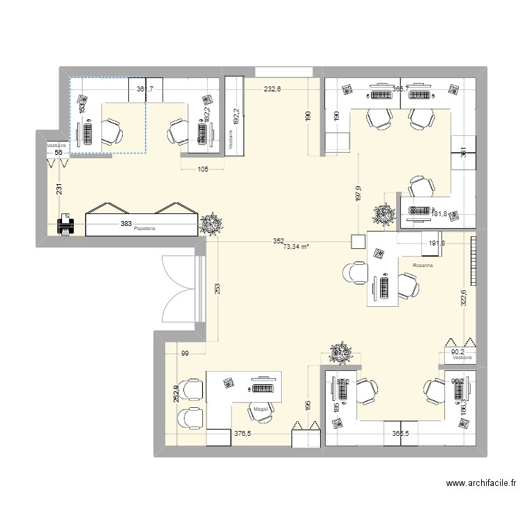 Bureau principal option 6 avec ouverture. Plan de 1 pièce et 73 m2