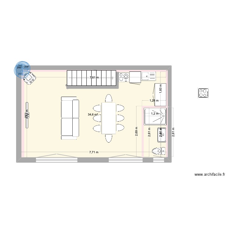mary. Plan de 1 pièce et 35 m2
