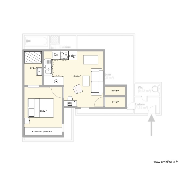 G de T. Plan de 5 pièces et 31 m2