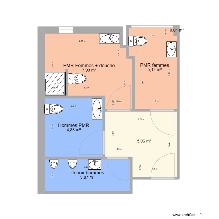 Sanitaires R+1 - Acrotecna avec équipements. Plan de 6 pièces et 28 m2
