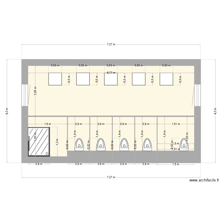 Salle ablution. Plan de 11 pièces et 24 m2