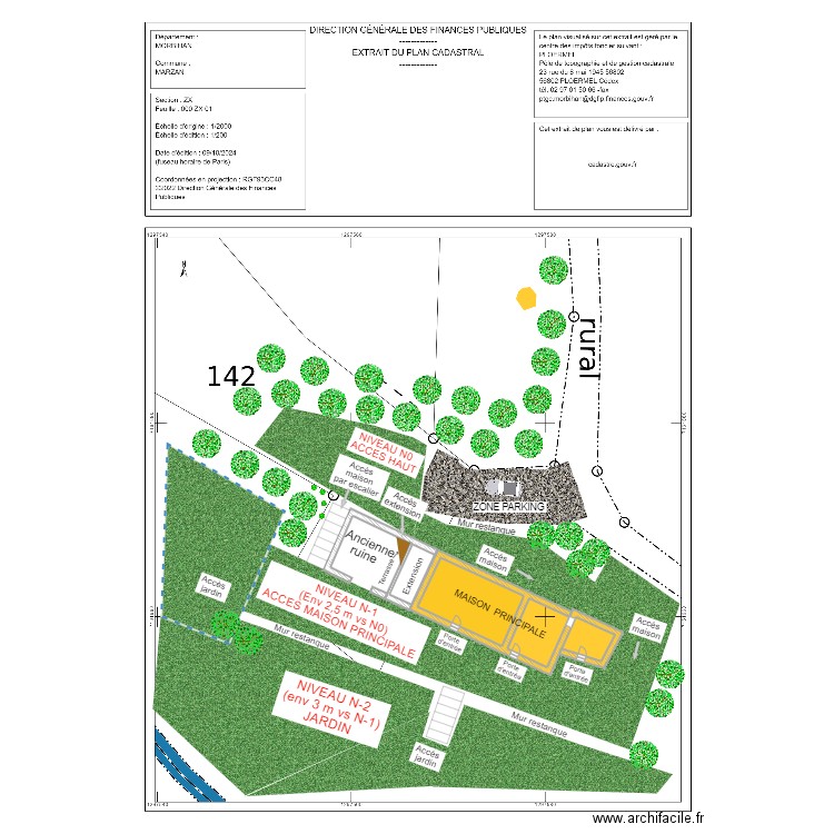 Plan de masse avec extension avec detail jardin. Plan de 1 pièce et 54 m2