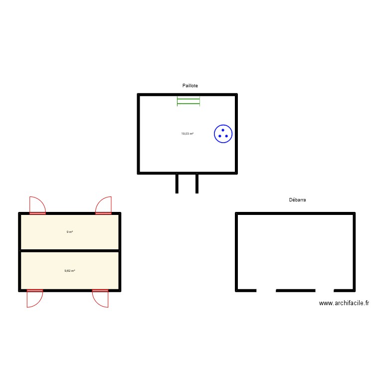 circuit prise toillette paillotte debarra de MANONKPON. Plan de 3 pièces et 38 m2