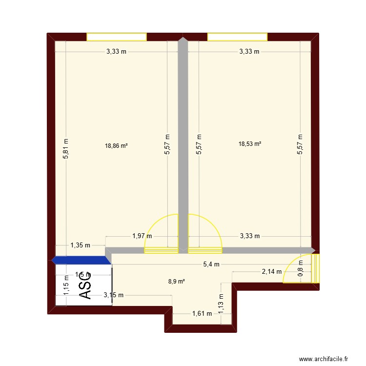 ETAGE SALERNES 46.30 M². Plan de 3 pièces et 46 m2