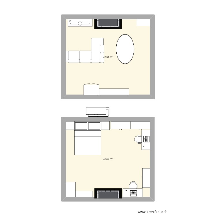 Salon. Plan de 2 pièces et 45 m2