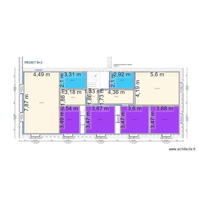 sols R+3. Plan de 11 pièces et 135 m2