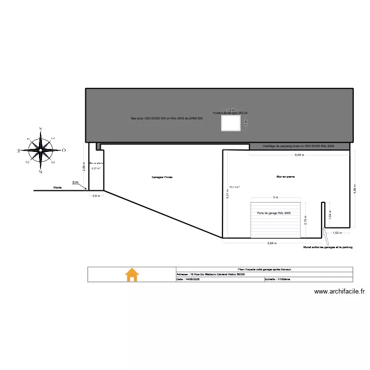 Façade coté garage après travaux. Plan de 4 et 129 m² Façade coté garage après travaux. Plan de 4 et 129 m²