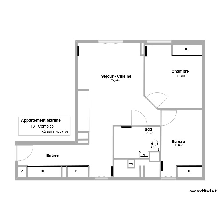 Appartement Martine    T3 combles     Rév. 1 du 25/03    sans cotes. Plan de 1 pièce et 69 m2