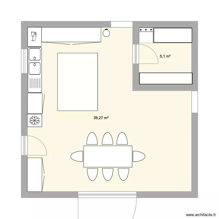 cuisine. Plan de 2  et 44 m²