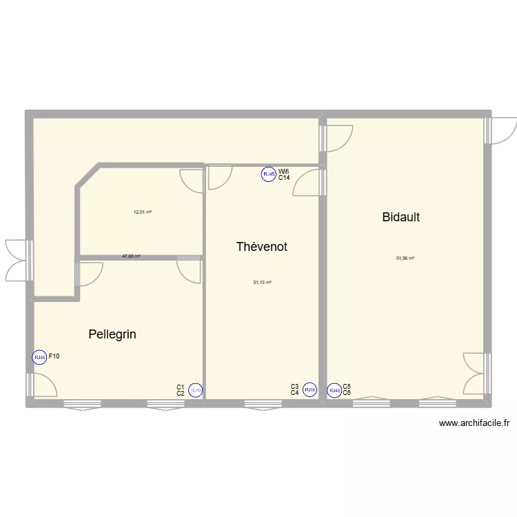 Salle Bidault, Pellegrin,Thévenot RJ45. Plan de 4 et 143 m² Salle Bidault, Pellegrin,Thévenot RJ45. Plan de 4 et 143 m²