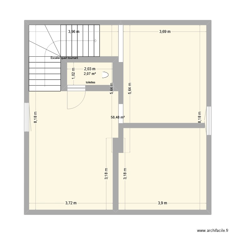 Grenier. Plan de 2 pièces et 64 m2