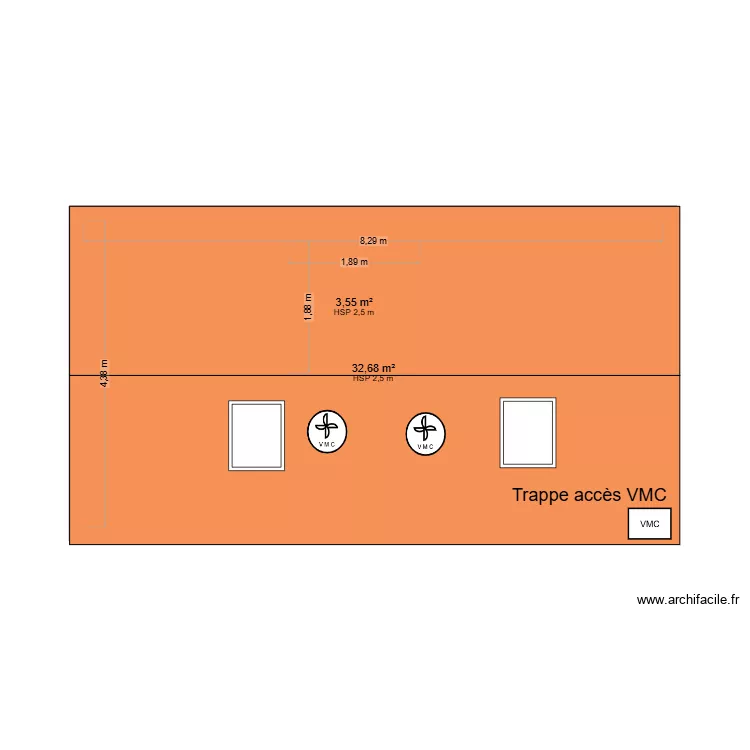 combles. Plan de 2 pièces et 40 m²