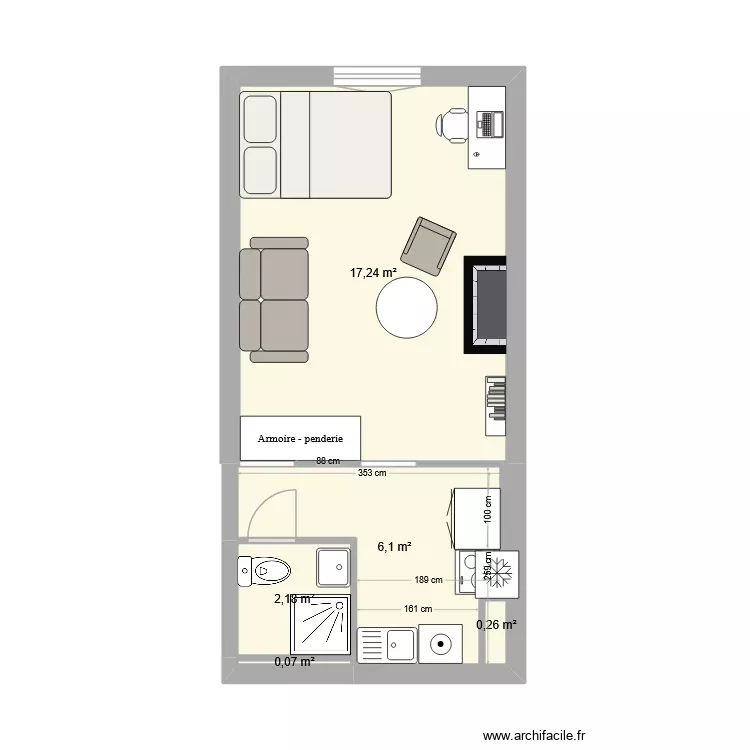 Studio canap&eacute; + LIT V2. Plan de 5 Pièces et 26 m²