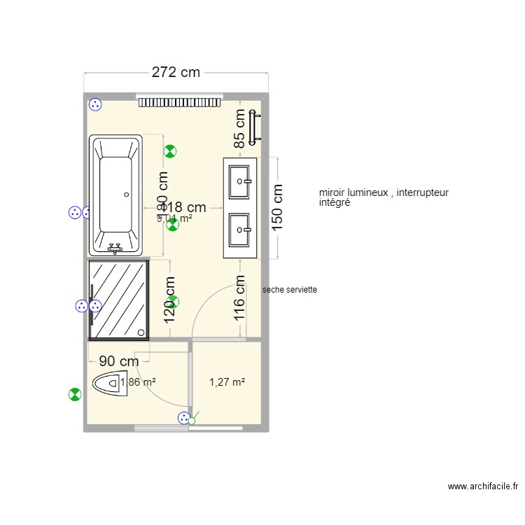 salle de bain. Plan de 3 pièces et 12 m2