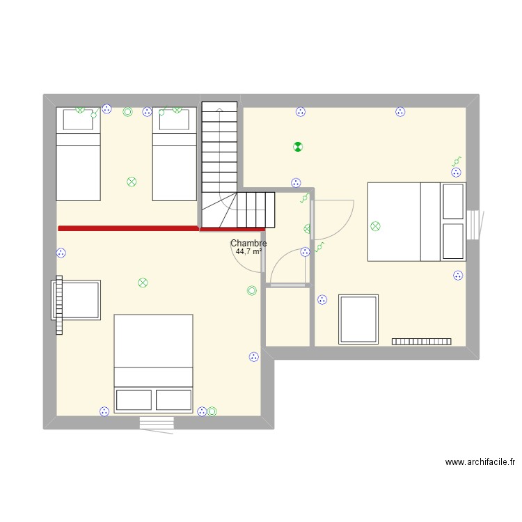 dortoire. Plan de 1 pièce et 45 m2