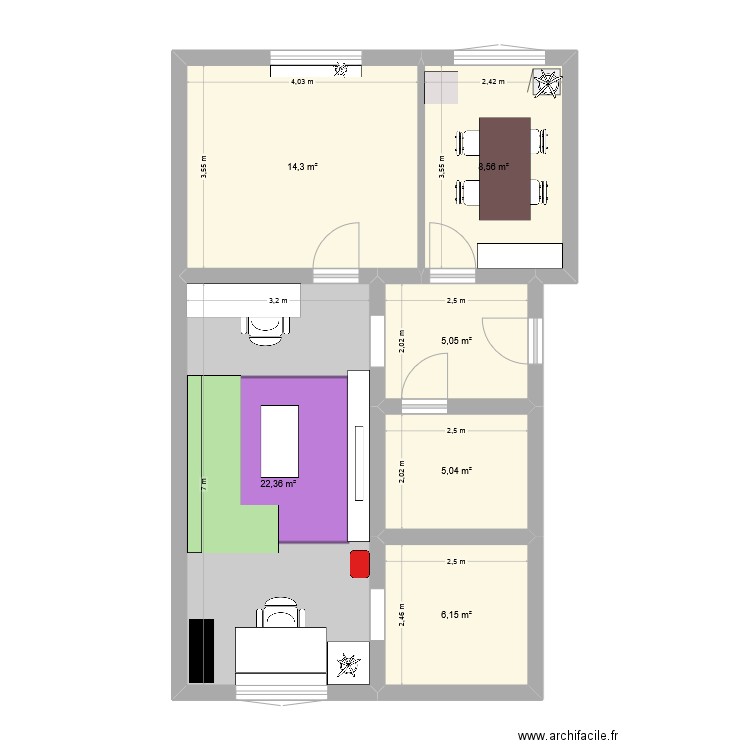 FLAT 42B. Plan de 6 pièces et 61 m2