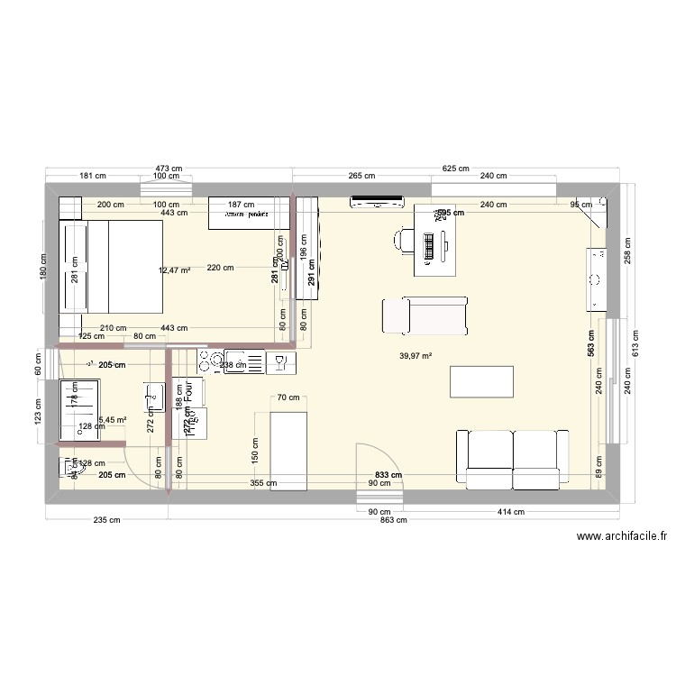 Bureau Pier T2 sans mur. Plan de 3 pièces et 58 m2