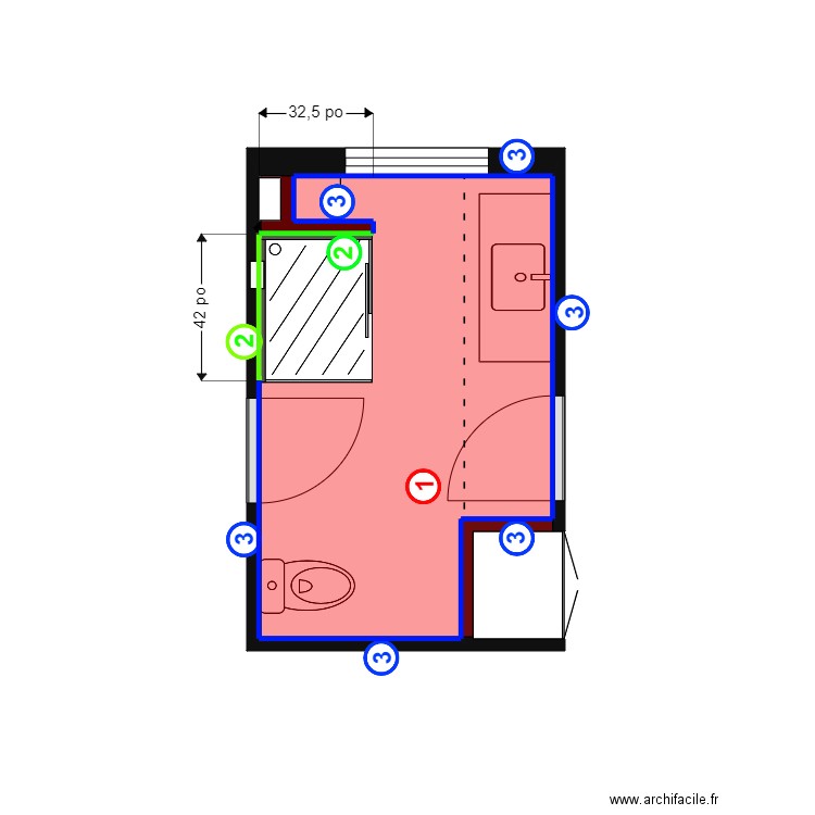 Collard sdb Pose. Plan de 1 pièce et 7 m2