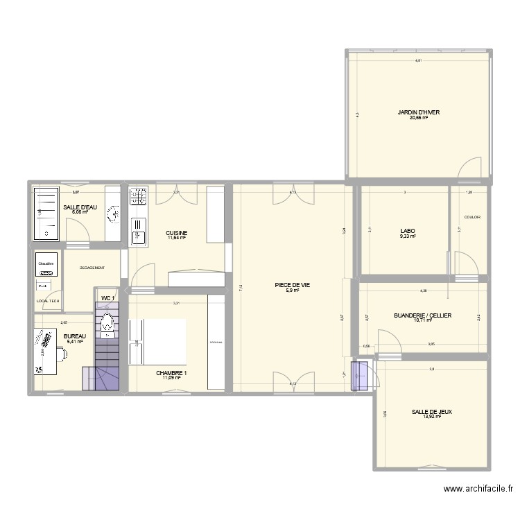 MAISON RDC. Plan de 14 pièces et 142 m2