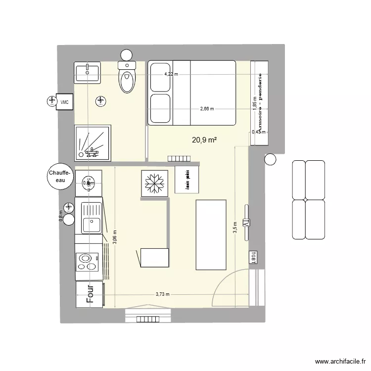 studio ninie 020826 mur 10-2. Plan de 1 Pièce et 21 m²