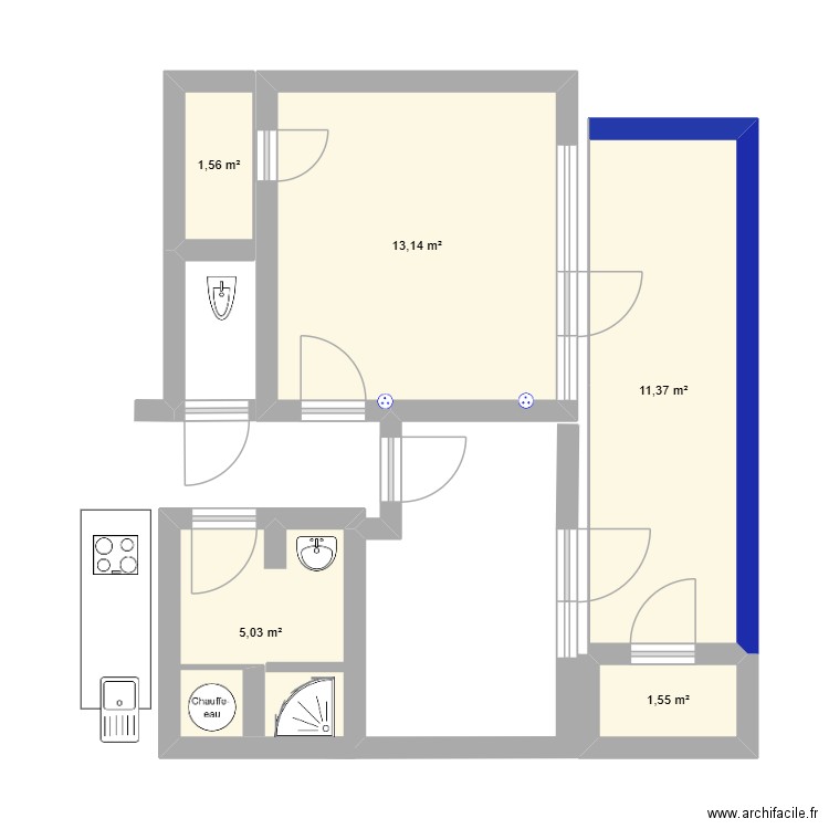 Pieces arrières. Plan de 5 pièces et 33 m2