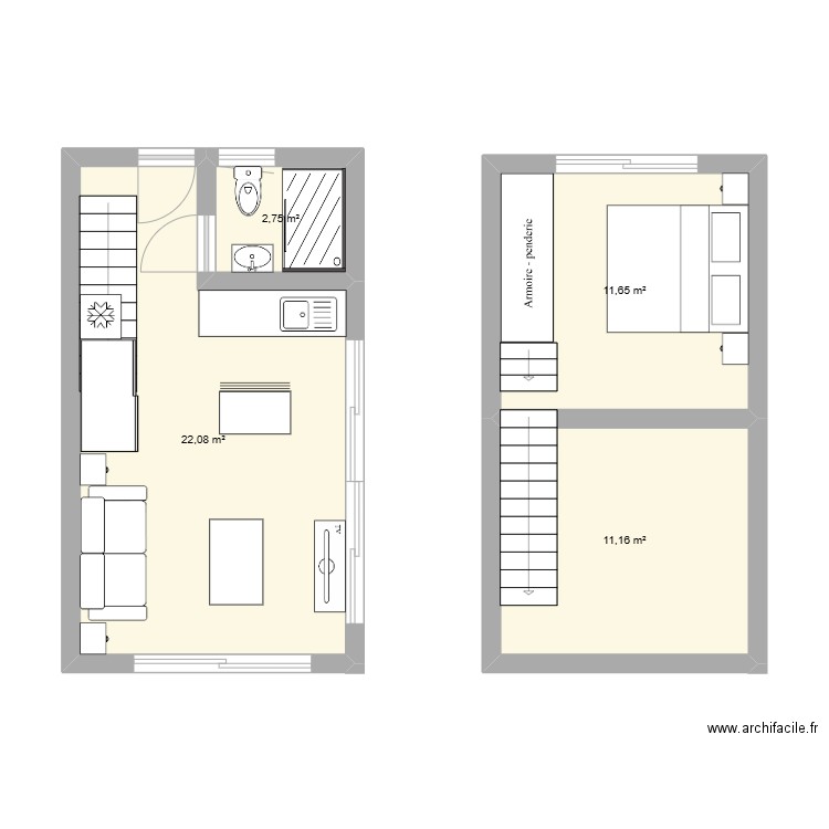 prefab. Plan de 4 pièces et 48 m2