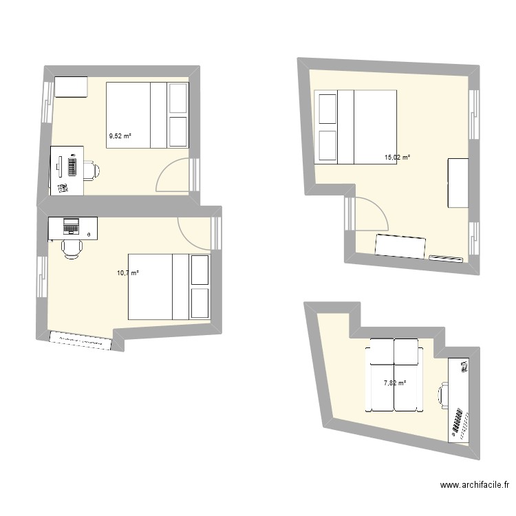 Chambres. Plan de 4 pièces et 43 m2