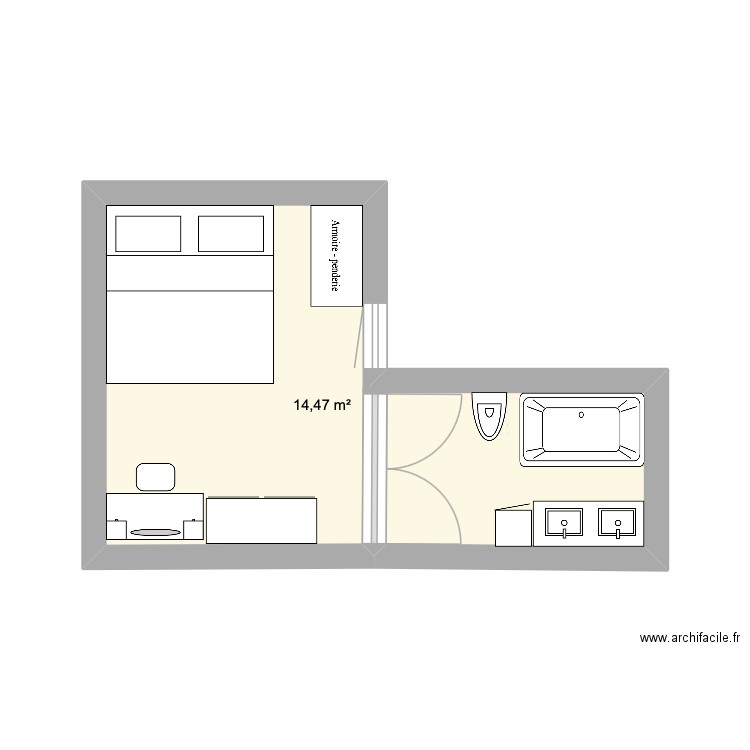 chambre et salle de bain loulou. Plan de 1 pièce et 14 m2